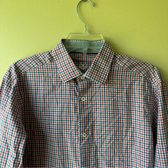 Bugatchi Uomo Plaid Button Down Flip Cuff Micro Check Red White Blue 15 1/2 Med - Picture 3 of 10